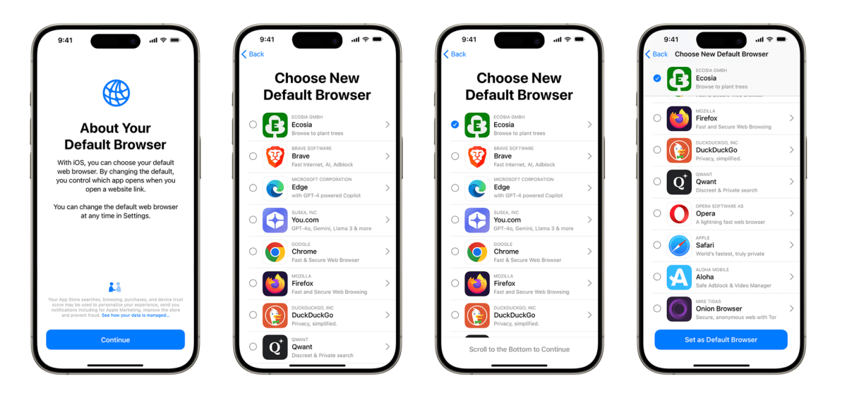 Under DMA probe, Apple tweaks design of EU browser choice screens, expands app default settings