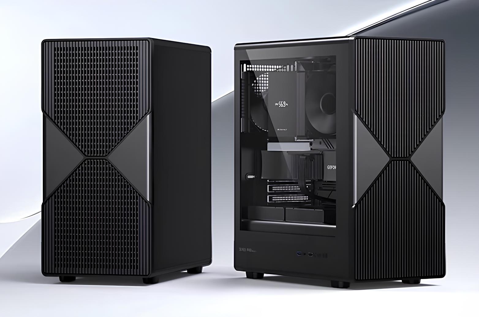 Sleek black gaming PC case with transparent side panel and modern cooling design.