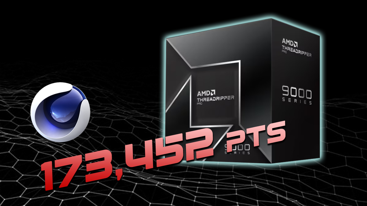 AMD Threadripper 9000 Series box with Cinema 4D logo and score of 173,452 points on a dark grid background.