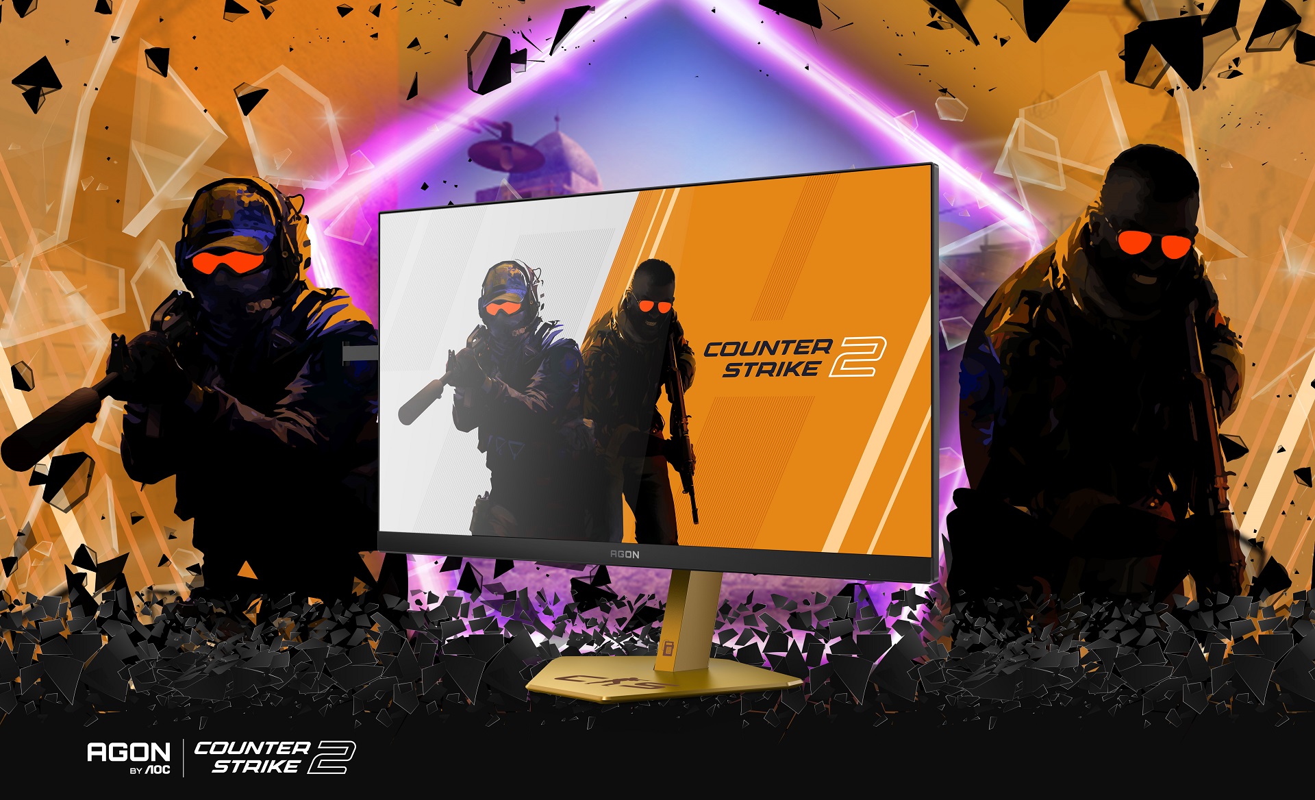 Counter-Strike 2 on AGON monitor with striking soldiers and geometric graphics.