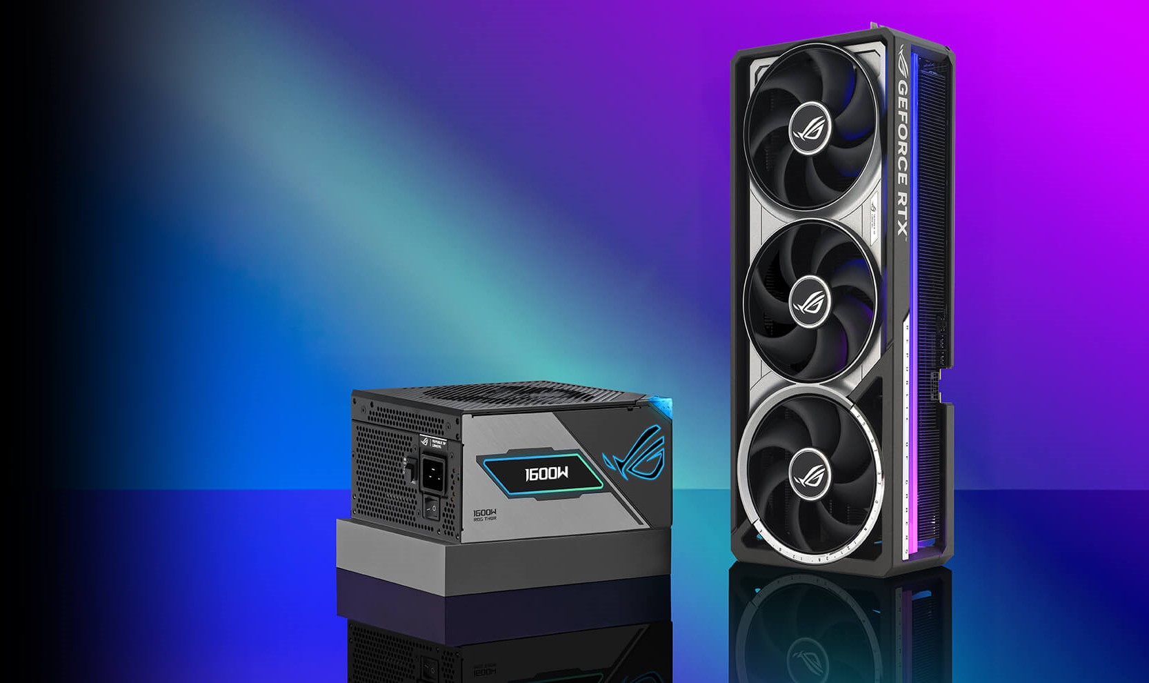High-performance GPU and power supply unit on a vibrant gradient background.