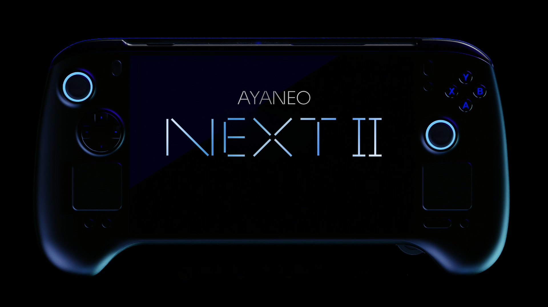 Ayaneo Next II handheld gaming console on a black background, highlighting sleek design and buttons.