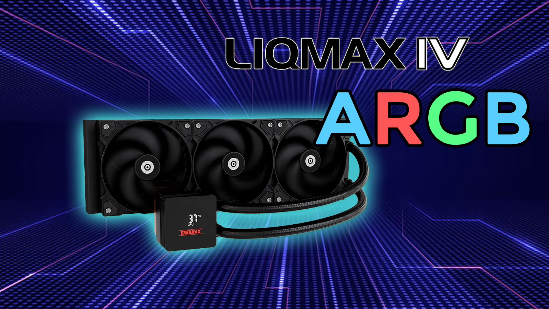 Enermax Liqmax IV ARGB cooling system on a digital blue grid background.
