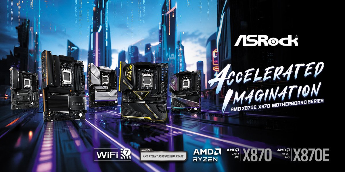 ASRock AMD X870E X870 motherboards showcased with futuristic cityscape in the background.
