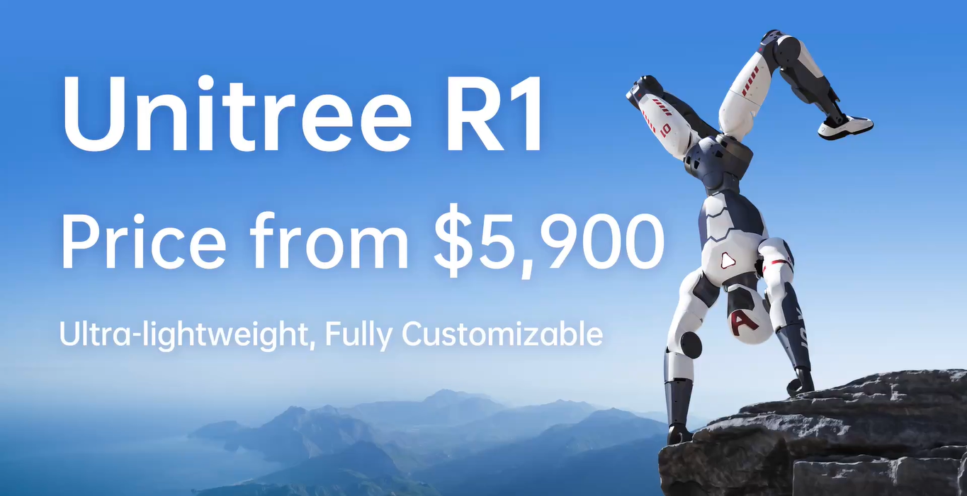 Unitree R1 robot handstand on mountain, price from $5,900. Ultra-lightweight, customizable.