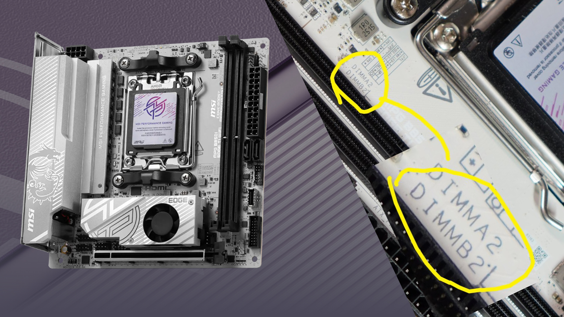 MSI MPG B650I Edge WiFi mini-ITX motherboard with CPU socket and RAM slots close-up.
