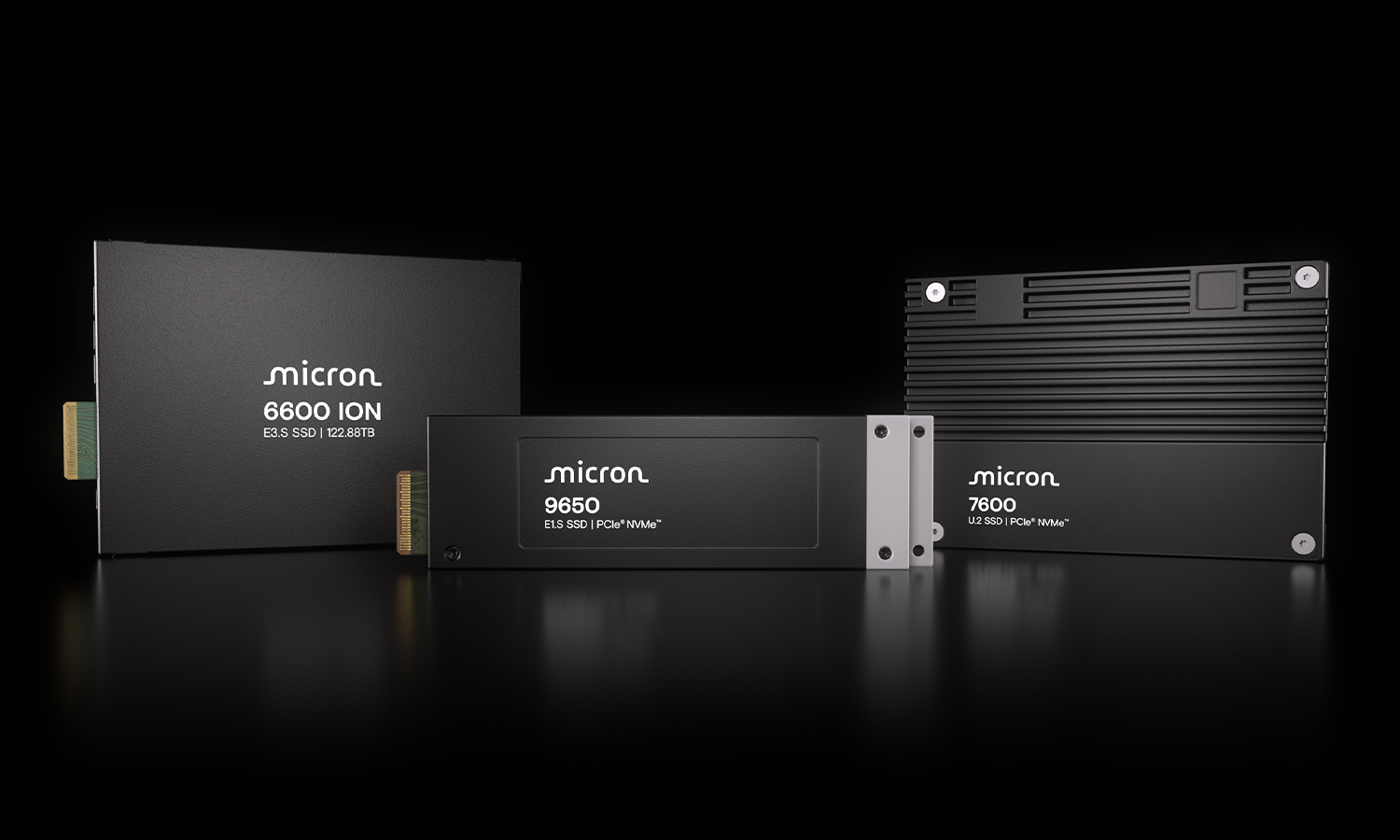 Micron SSD lineup: 6600 ION, 9650, 7600. High-performance data storage solutions.
