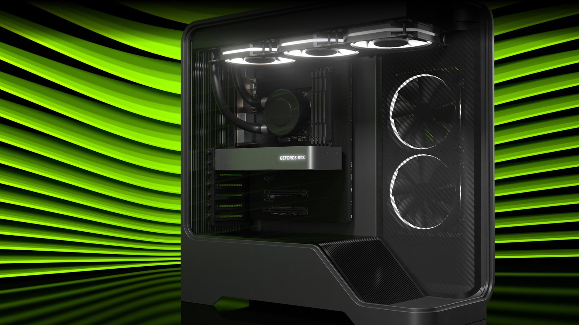 High-performance gaming PC with GeForce RTX graphics card, vibrant green waves in the background.
