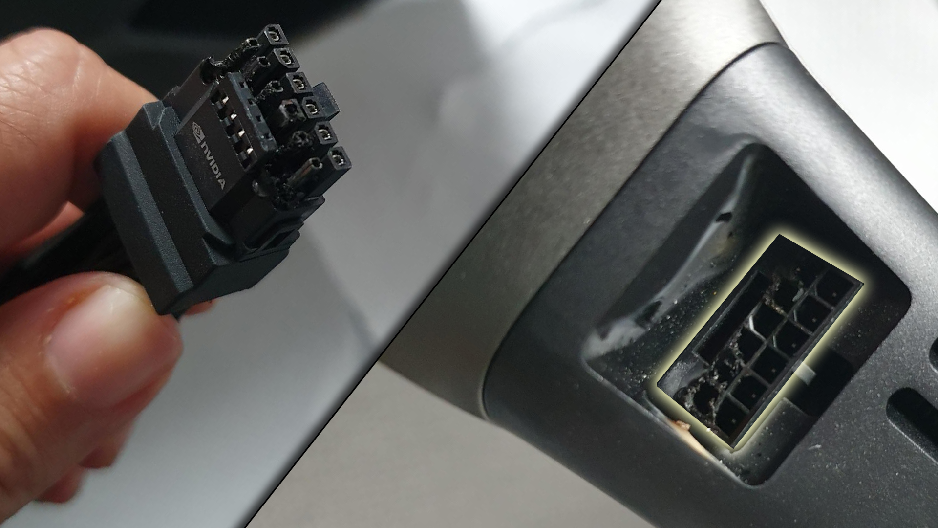 Melted NVIDIA power connector and port, showing heat damage and potential electrical issue.