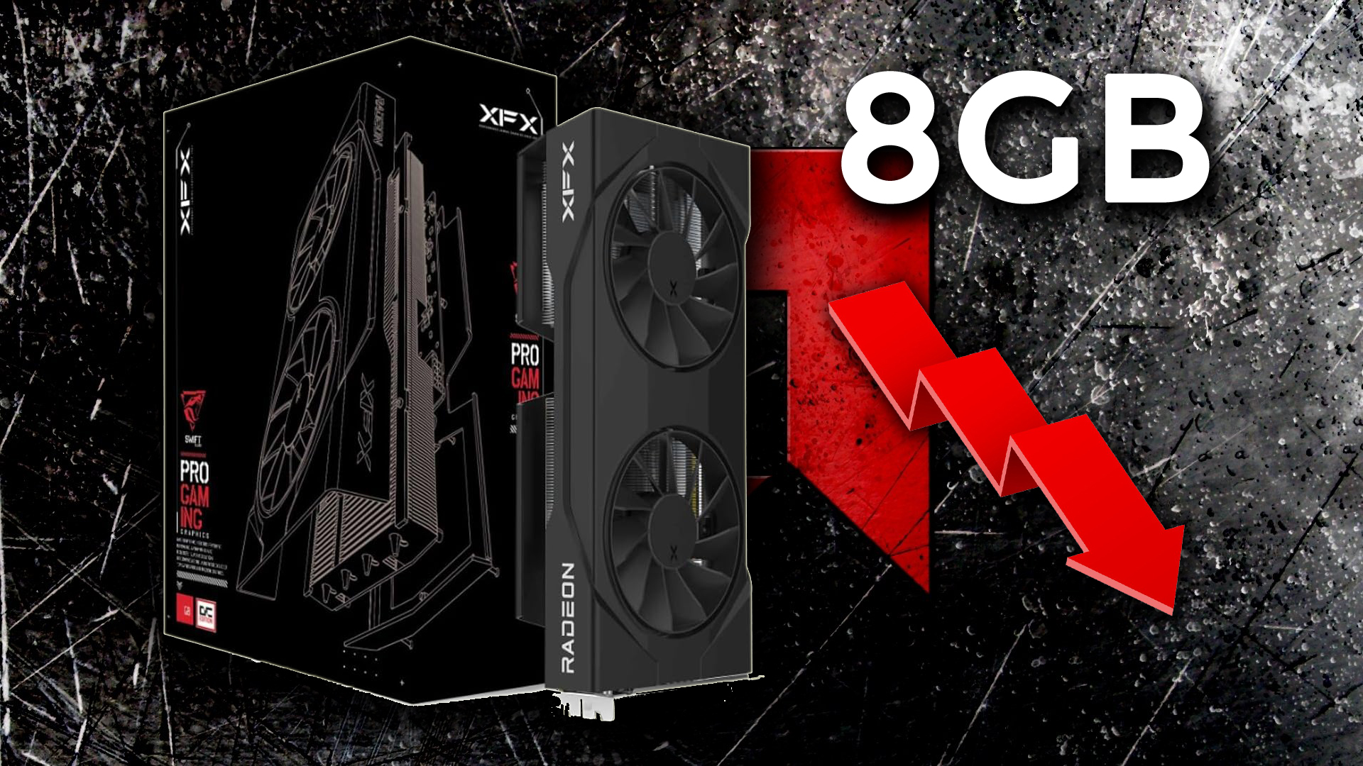 XFX Radeon graphics card box with 8GB RAM, red arrow indicating performance.