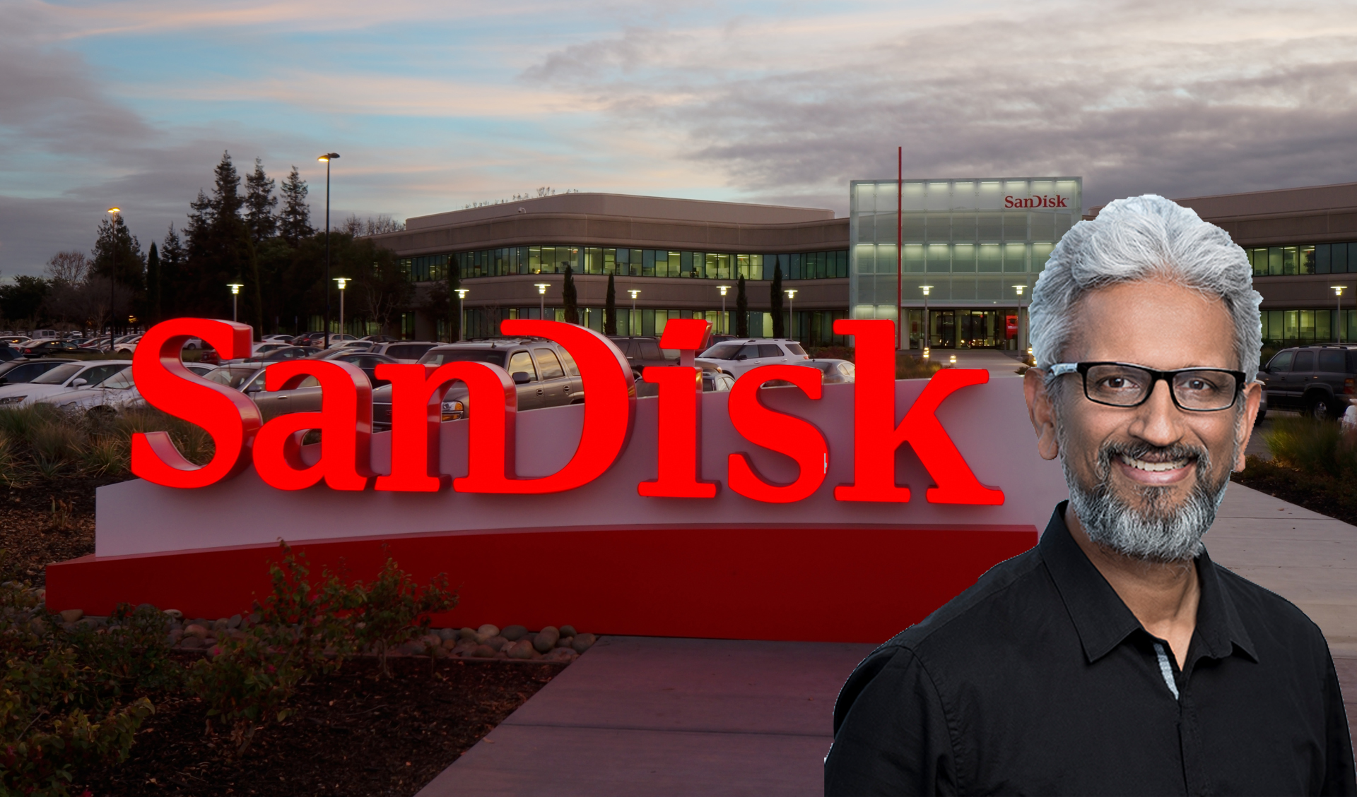 SanDisk headquarters sign with smiling man in front, cloudy sky in background.