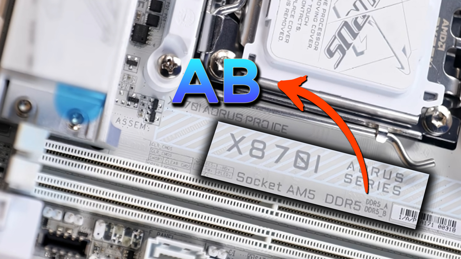 AMD processor socket on AORUS motherboard, close-up with text and arrow highlighting area.