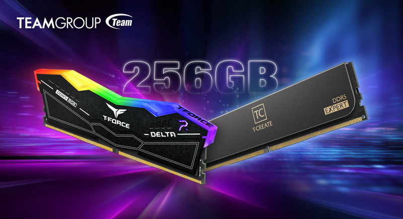 256GB T-Force Delta and T-Create Expert DDR5 RAM sticks with RGB lighting by Teamgroup.