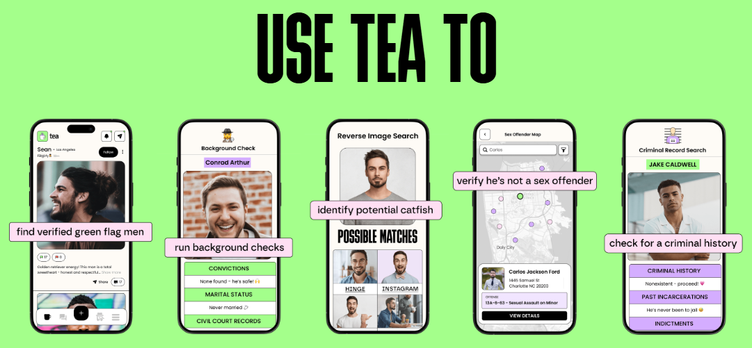Tea app features: find safe men, run checks, identify catfish, verify safety, check criminal history.