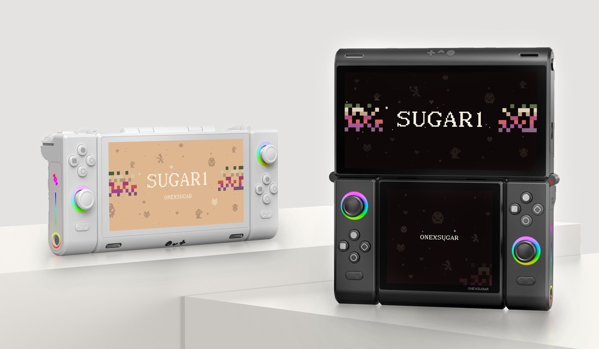 Portable gaming consoles with colorful displays and controls showcasing SUGAR1 design theme.