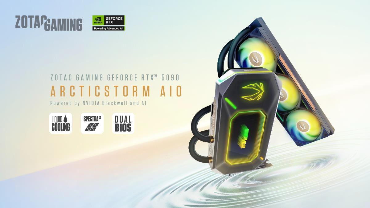 ZOTAC Gaming GeForce RTX 5090 ArcticStorm AIO with liquid cooling, powered by NVIDIA AI.