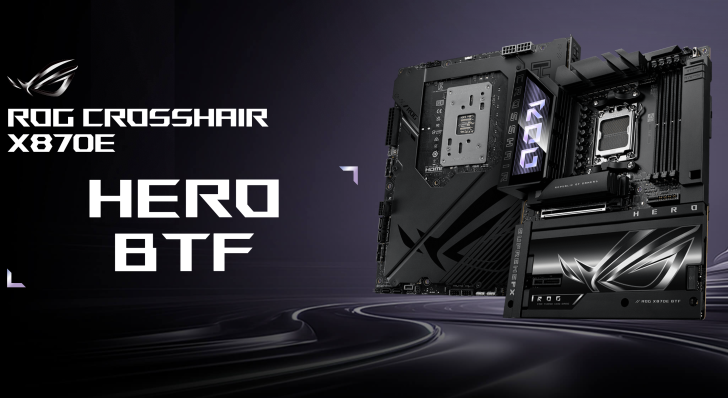 ROG Crosshair X670E HERO motherboard with sleek black design and ROG logo on a dark background.