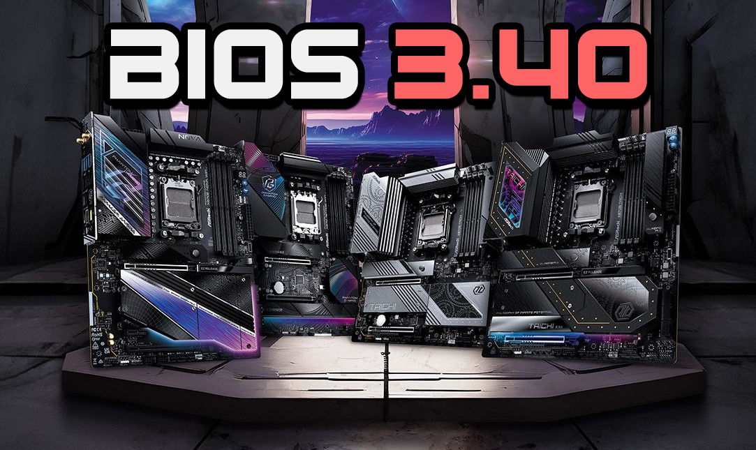 Multiple ASRock motherboards on display with large text BIOS 3.40 above.