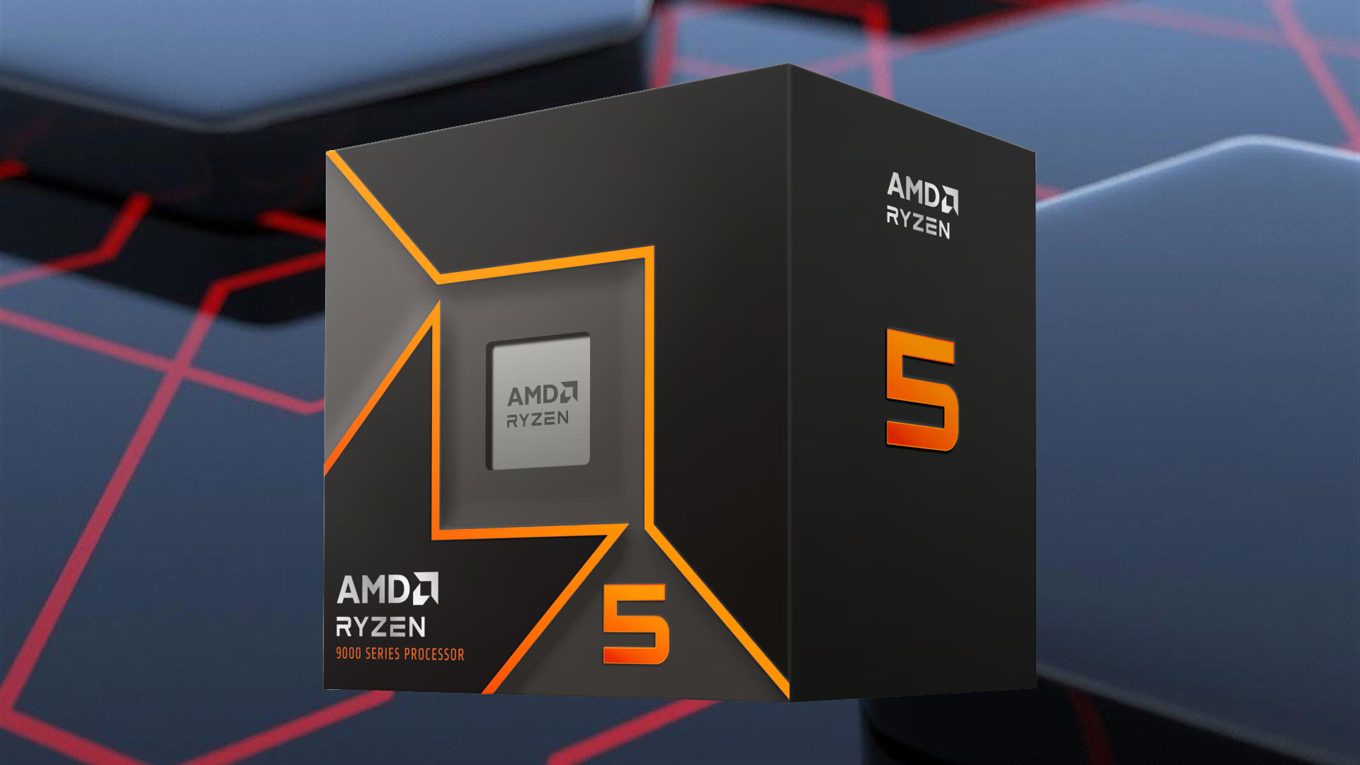 AMD Ryzen 9000 Series Processor Box with Bold Design and Orange Accents.