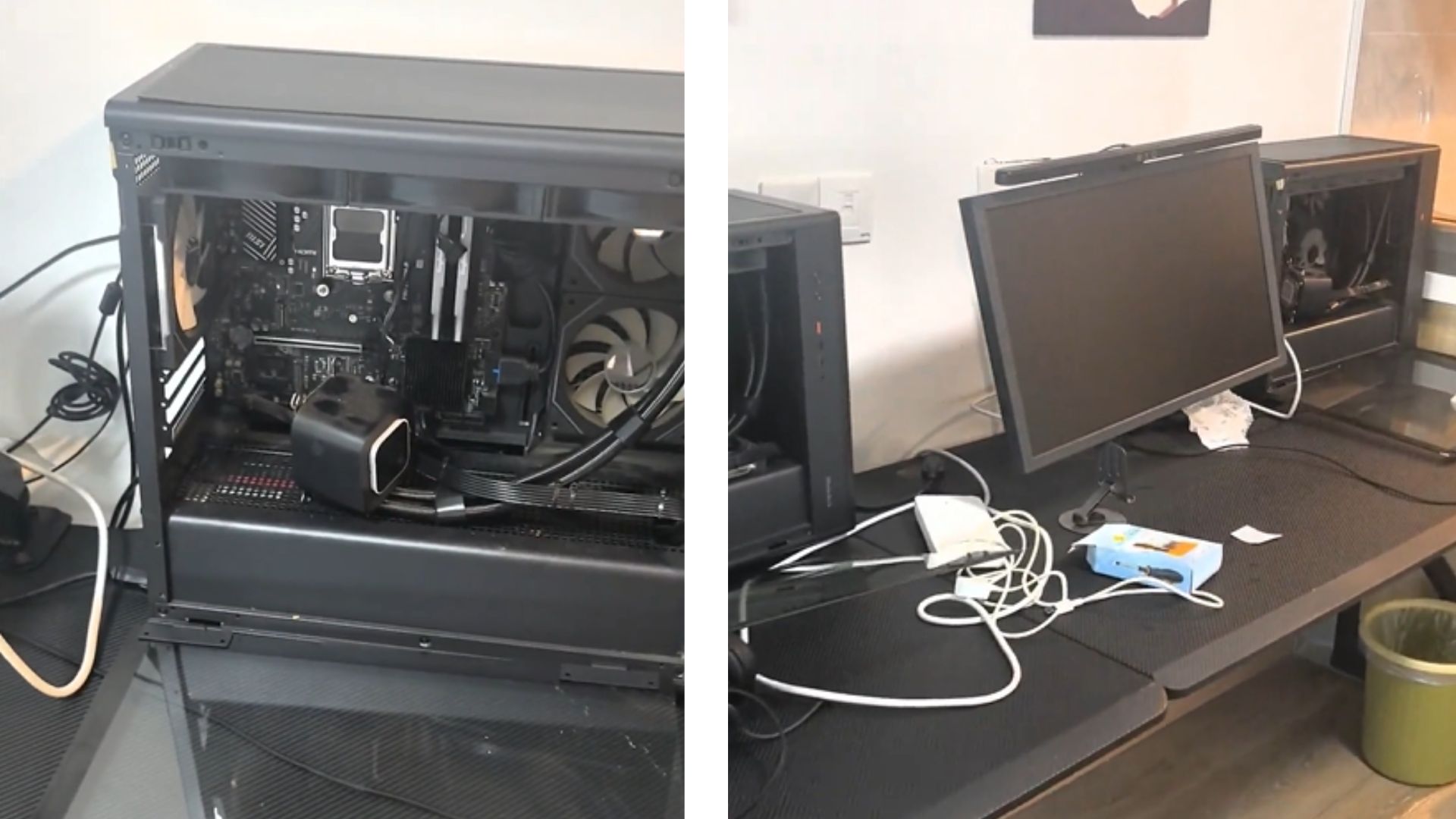 Open PC case on a desk with cables and monitor nearby.
