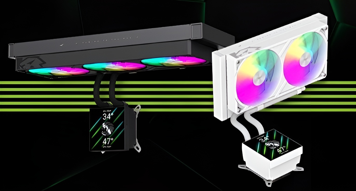 RGB CPU coolers with digital displays showcasing temperature, featuring black and white models.