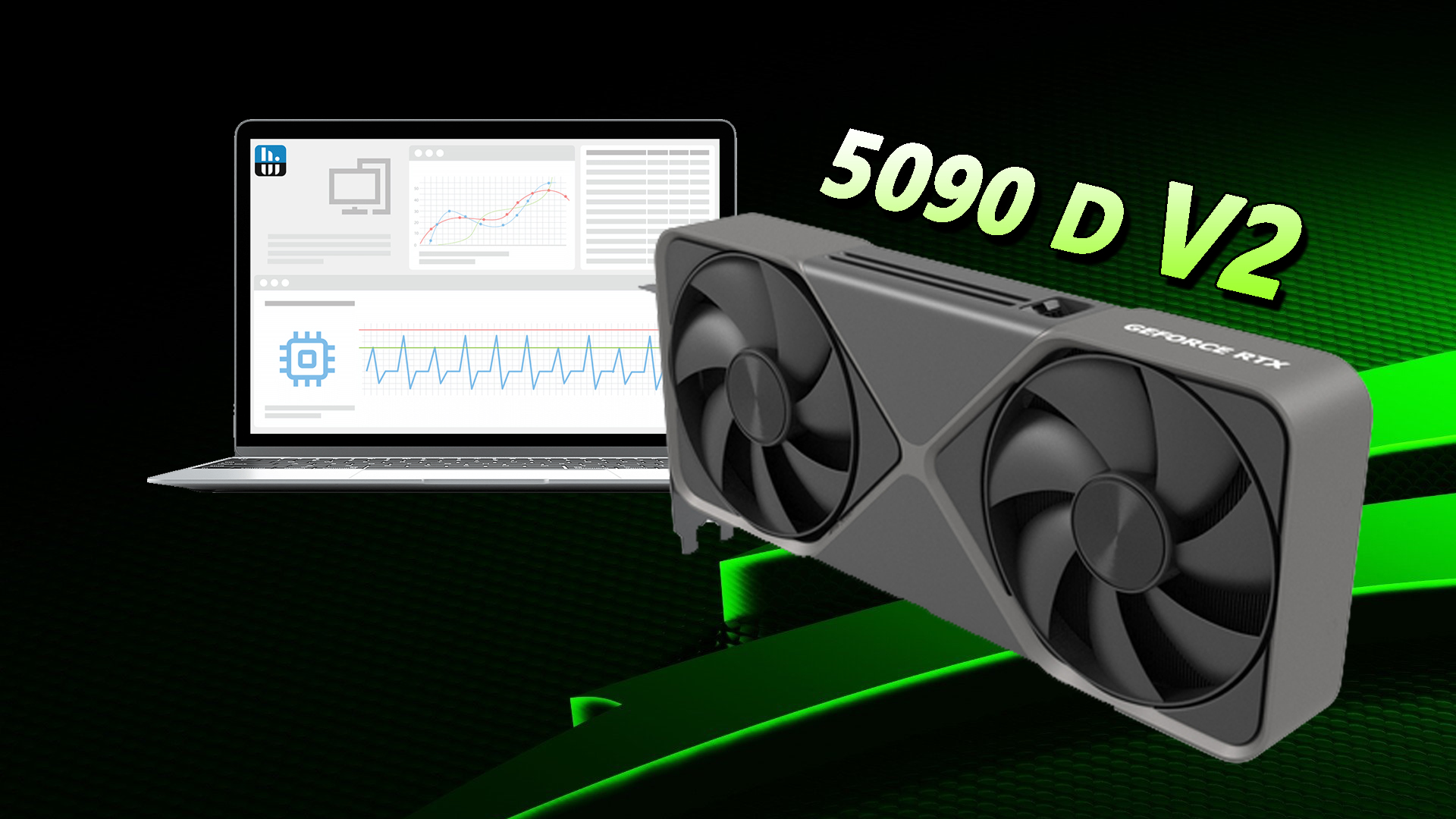 Laptop with performance graphs and GeForce RTX 5090 D V2 graphic card on green tech background.