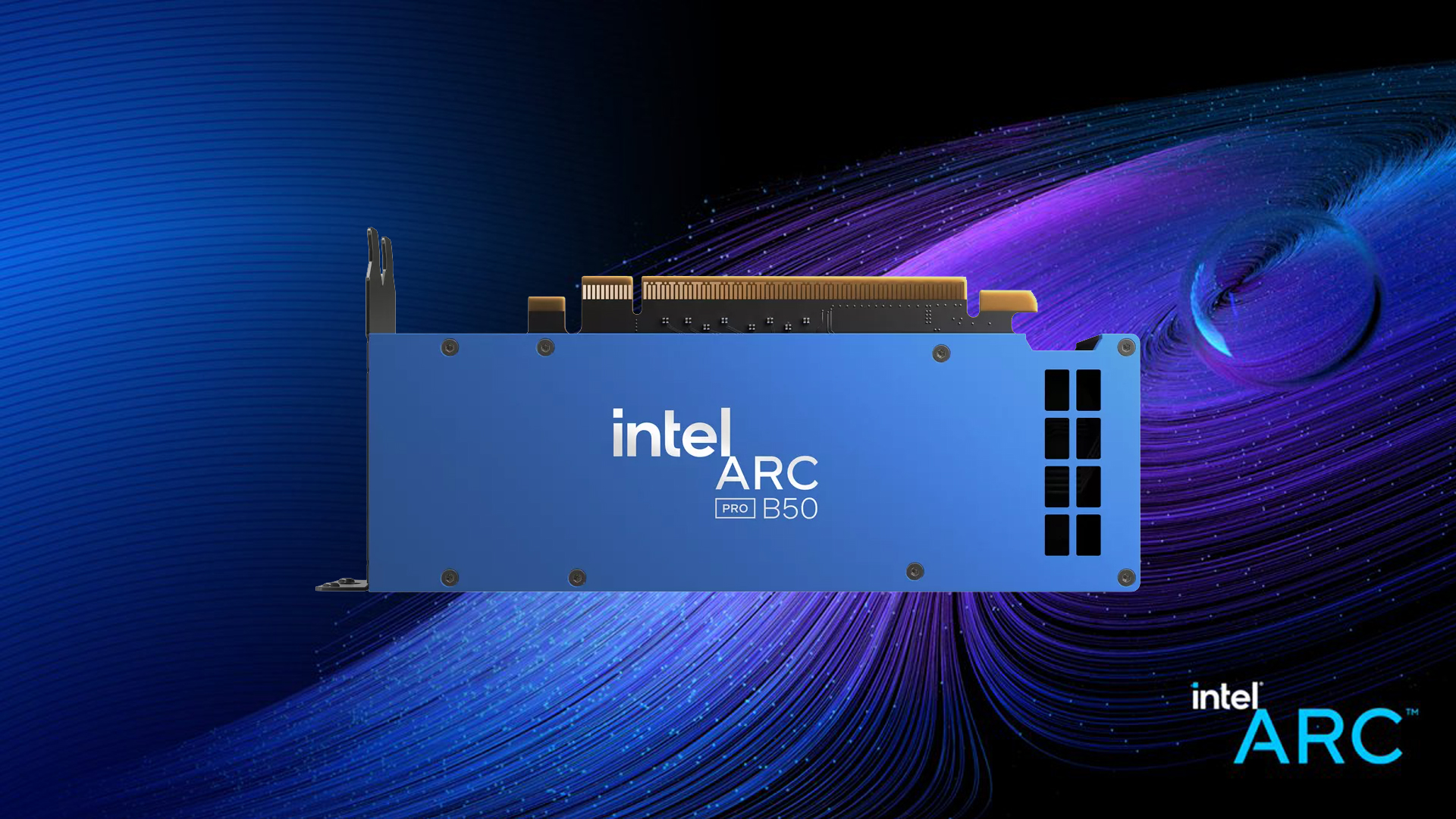 Intel Arc Pro B50 graphics card with a blue casing shown against a swirling blue and purple background.