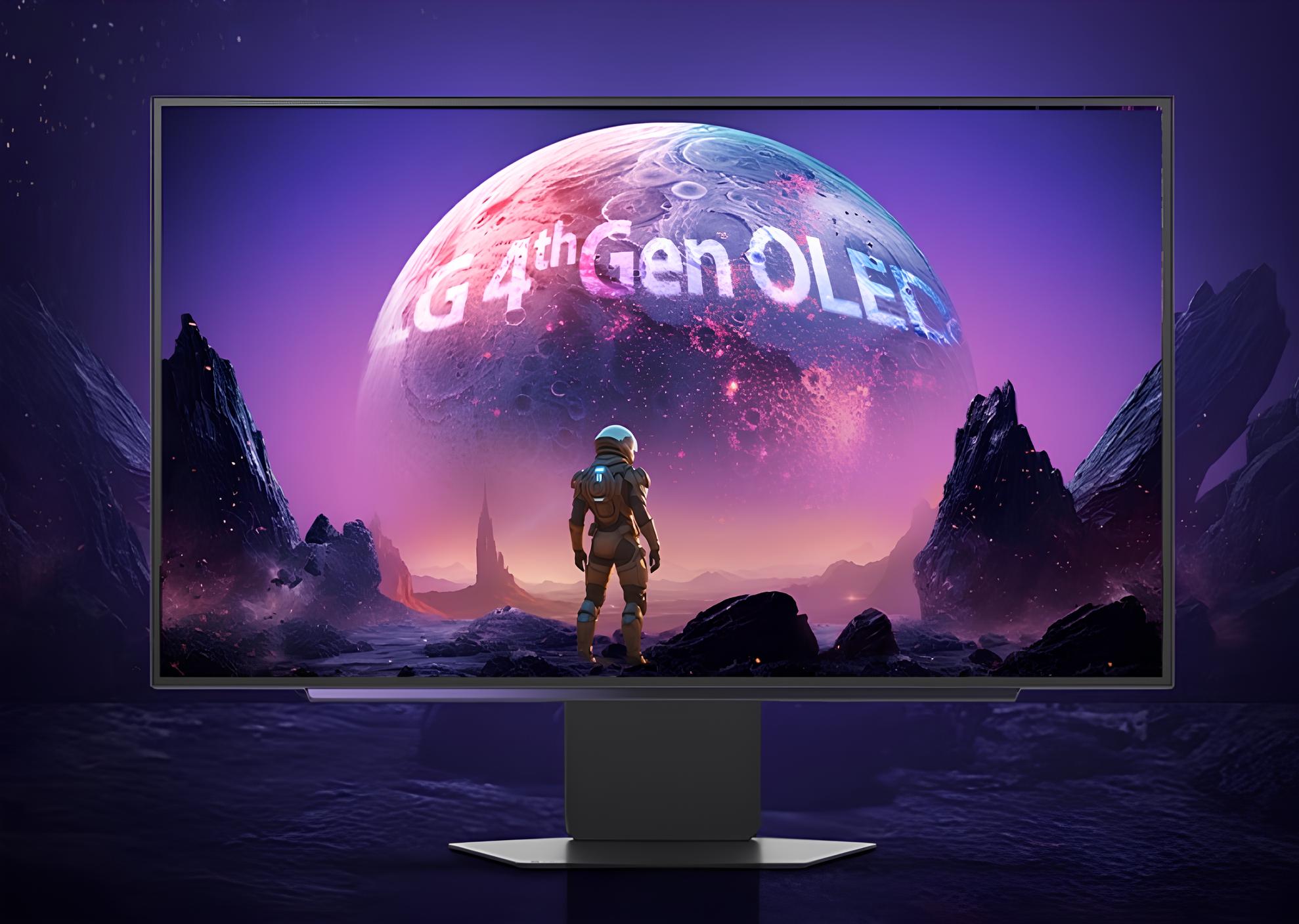 Astronaut on alien landscape with LG 4th Gen OLED screen displaying a glowing planet.