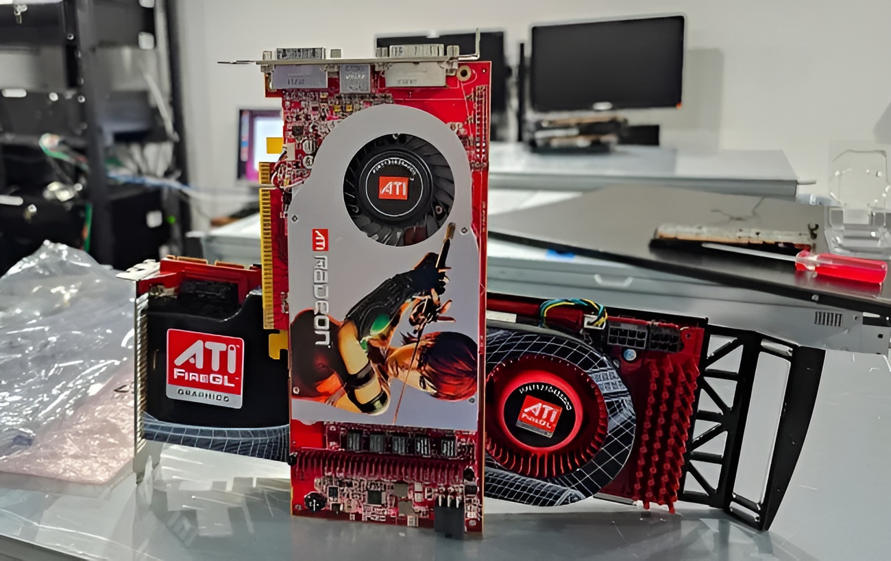 ATI Radeon graphics cards on a desk with visible text FireGL and Radeon.