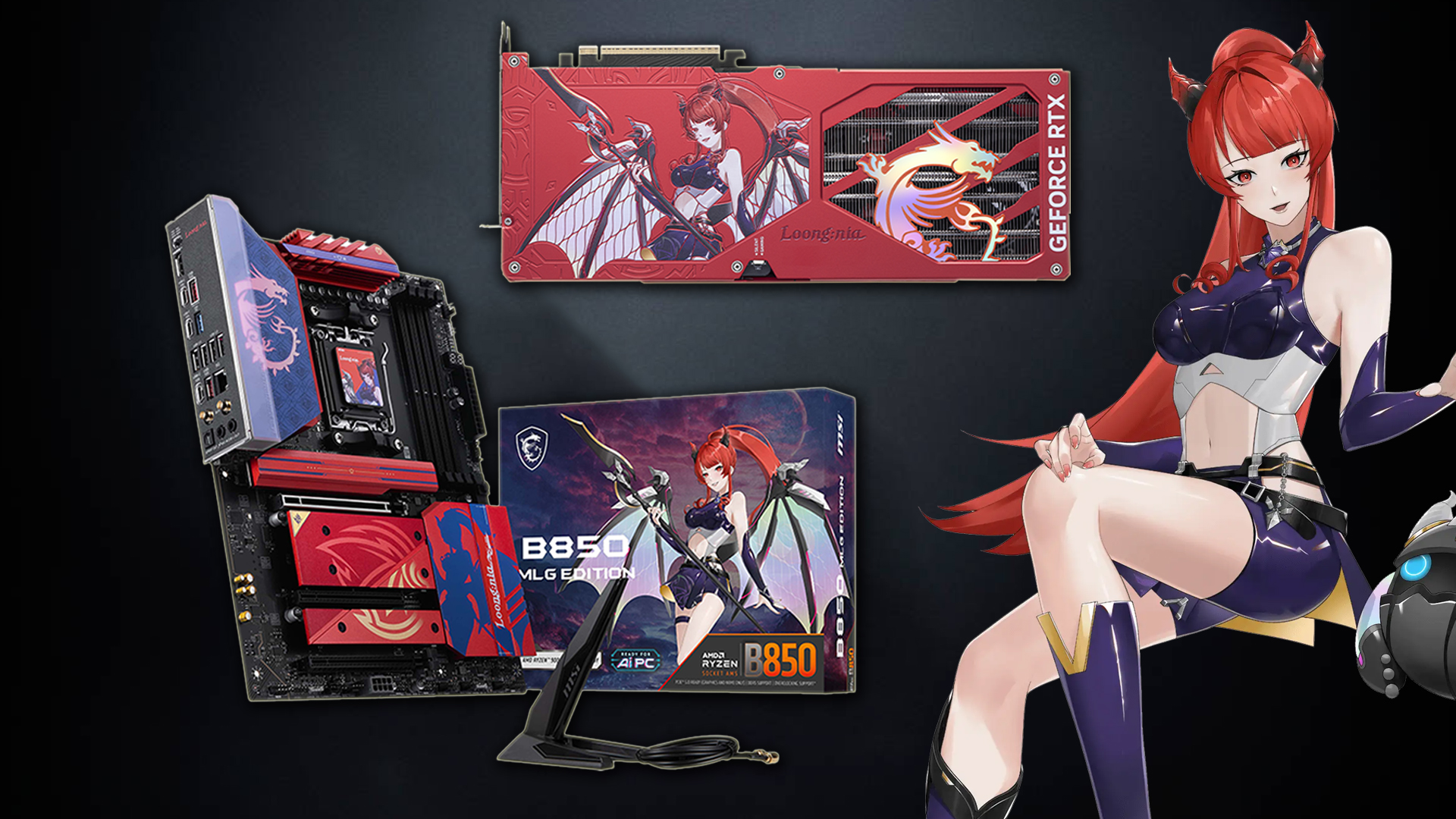 MSI B850 MLG Edition motherboard with dragon design, featuring Loongnia GeForce RTX, and anime character illustration.