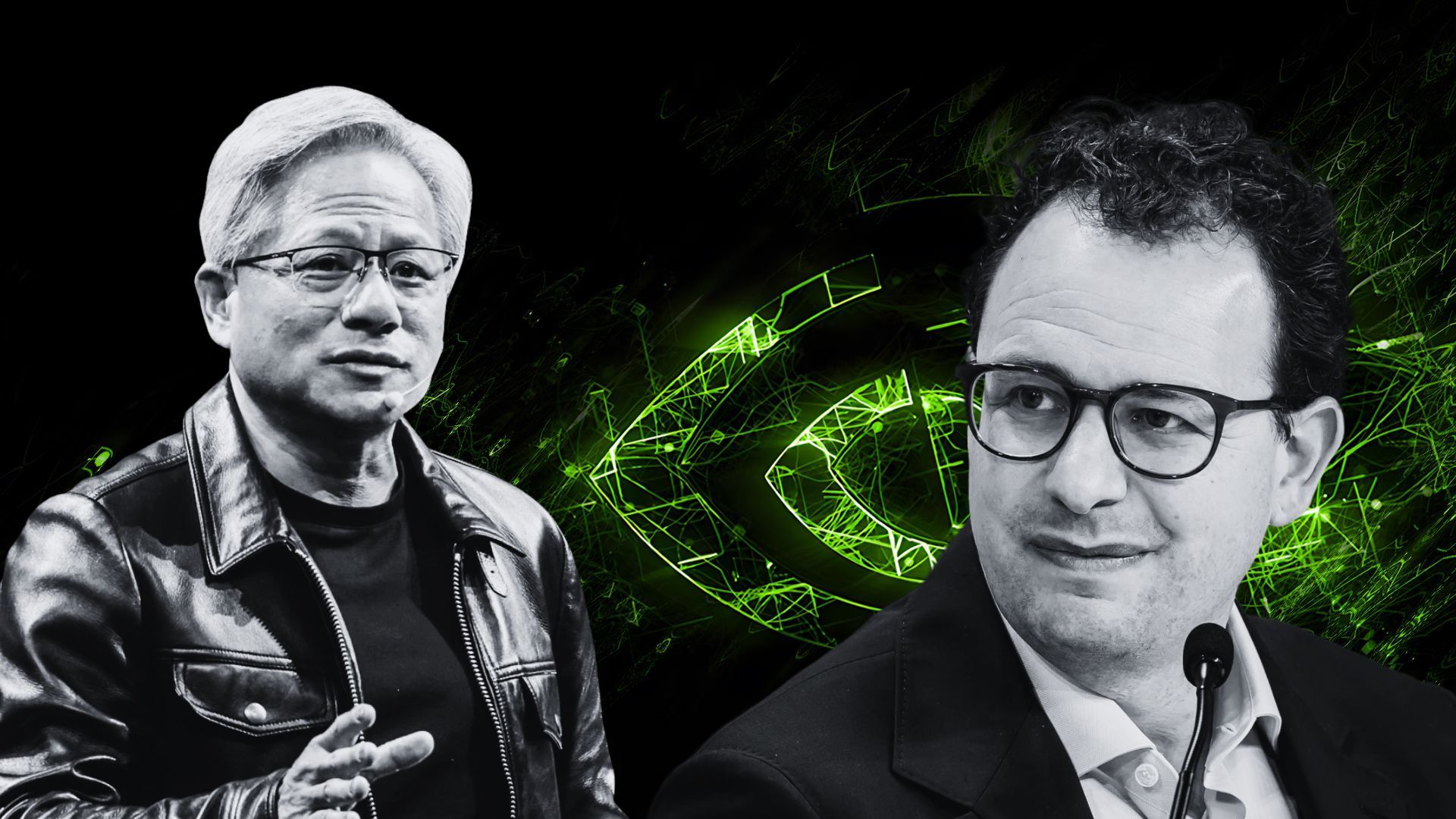 Two men in front of a glowing green logo on a dark background, engaged in conversation.