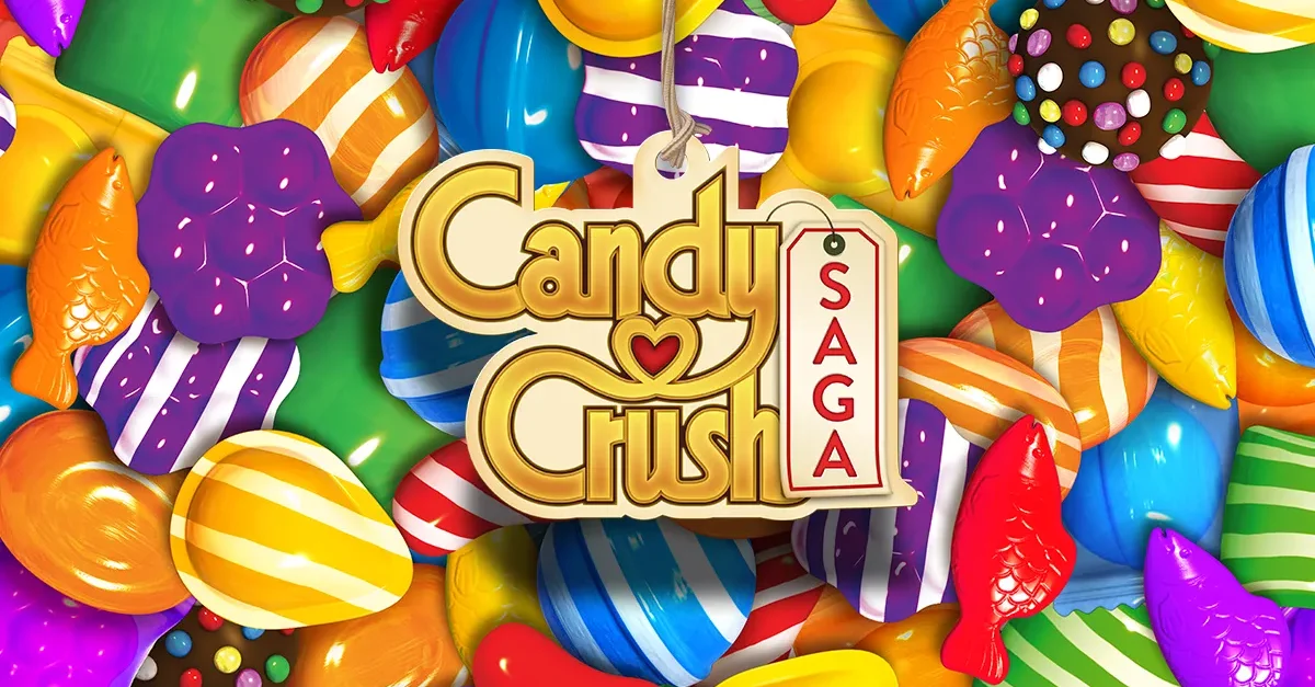 Candy Crush Saga logo with colorful candy background.
