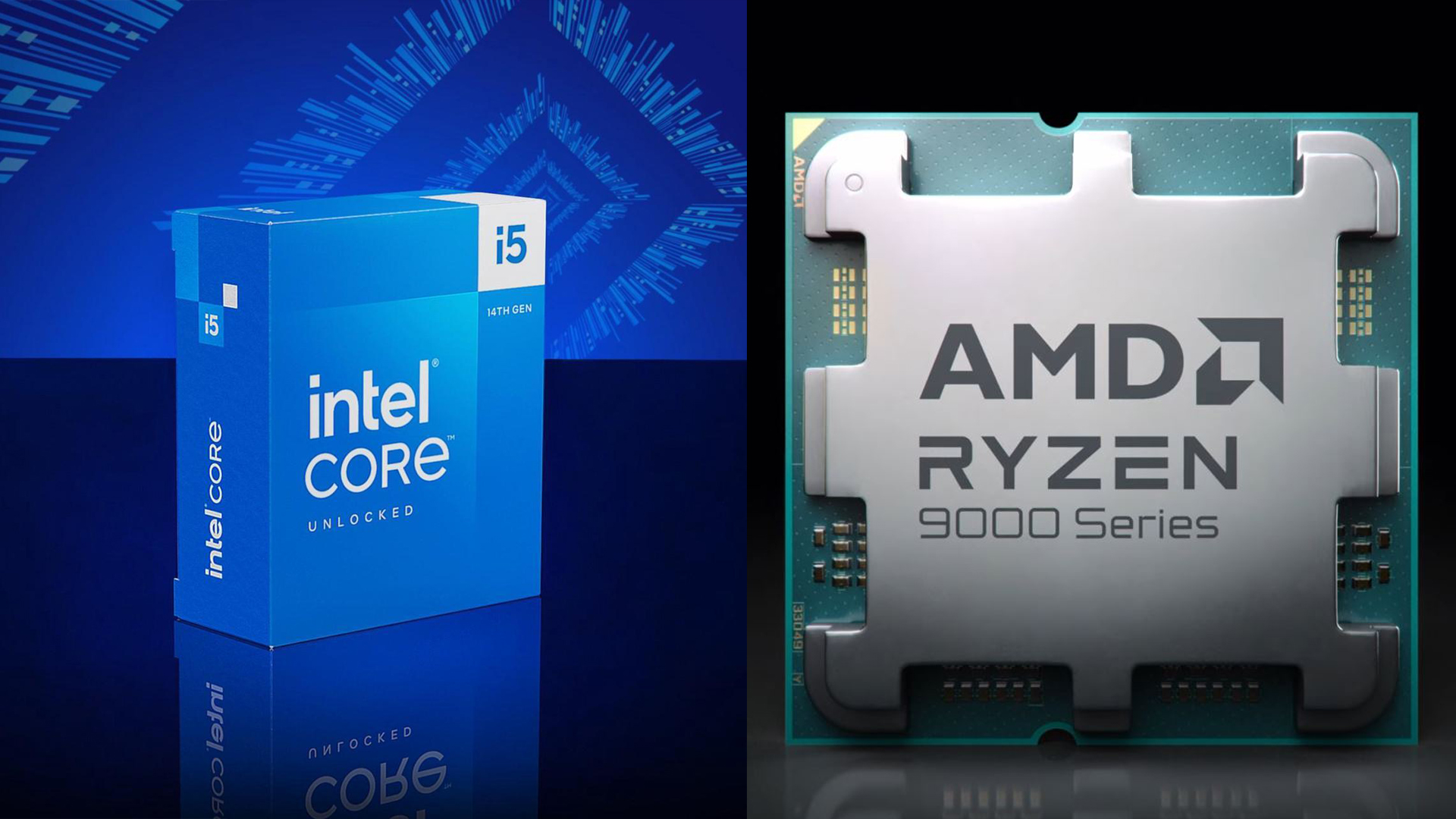 Intel Core i5 14th Gen box next to AMD Ryzen 9000 CPU chip on a reflective surface.