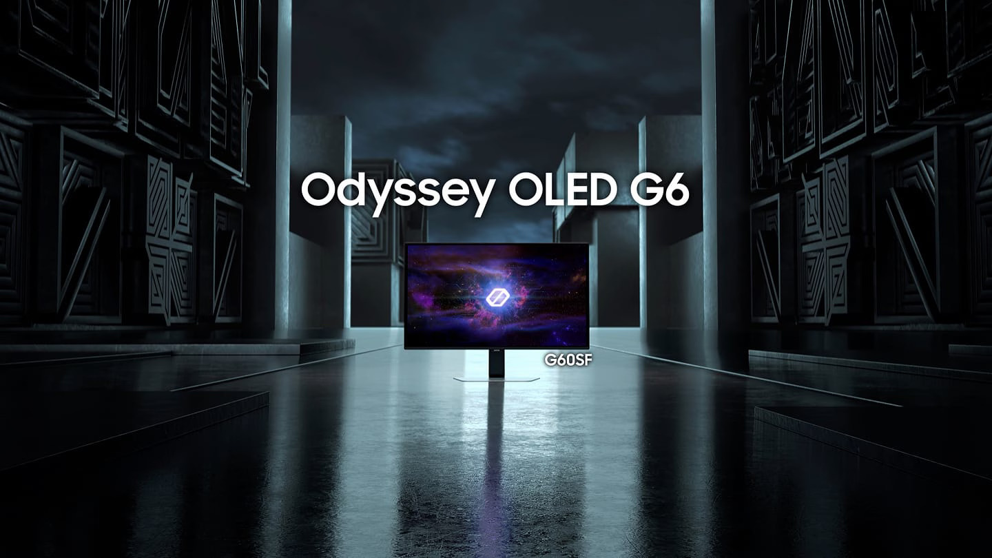 Odyssey OLED G6 monitor in futuristic, dark setting with vibrant display.
