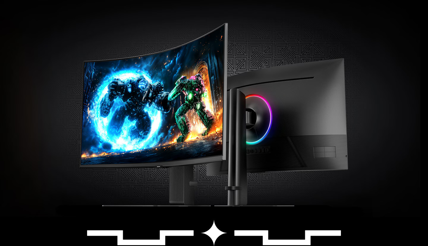 Curved gaming monitor with vibrant battle scene display and RGB lighting on back, perfect for gamers.
