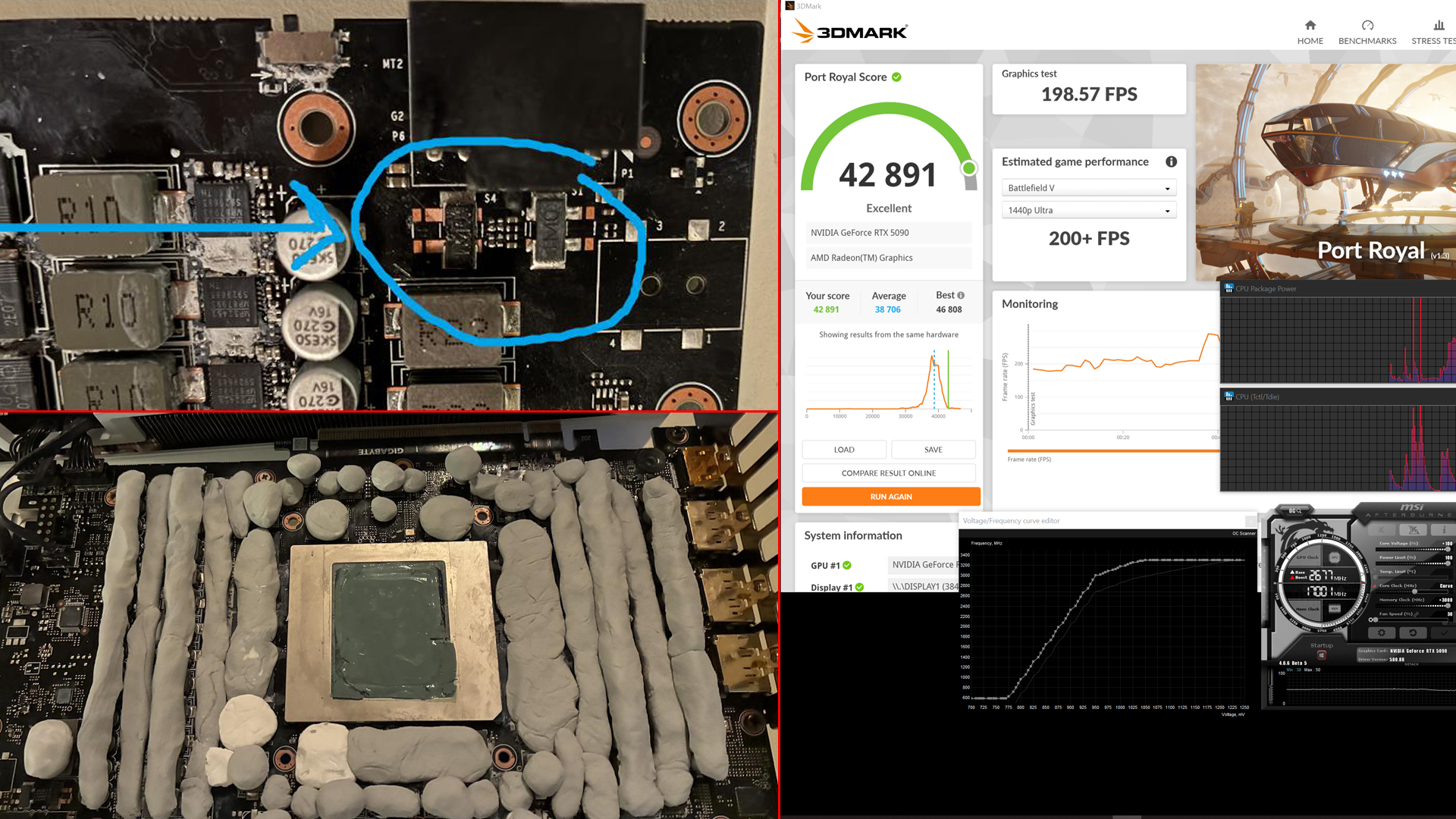 Computer hardware setup with thermal paste and 3DMark benchmark score of NVIDIA GeForce RTX 5090.