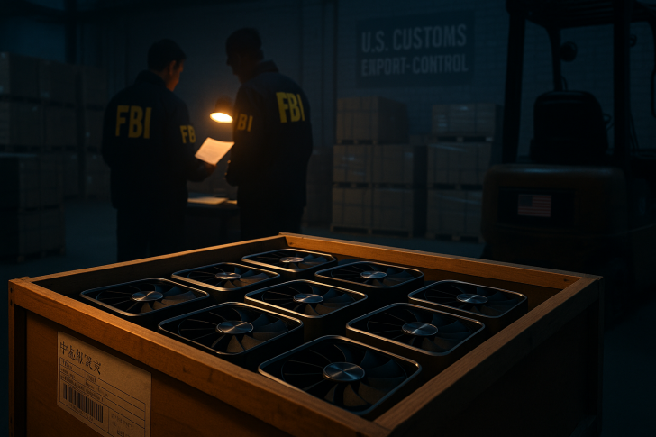 FBI agents inspect GPU shipment in dimly lit warehouse at U.S. customs control.