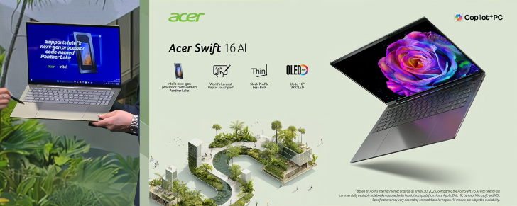 Acer Swift 16 AI laptop displayed on stage endorses Intel's next-gen processor code-named Panther Lake.