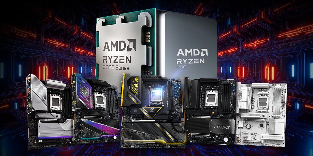 AMD Ryzen 9000 Series and AMD Ryzen Pro processors displayed with various motherboard models.