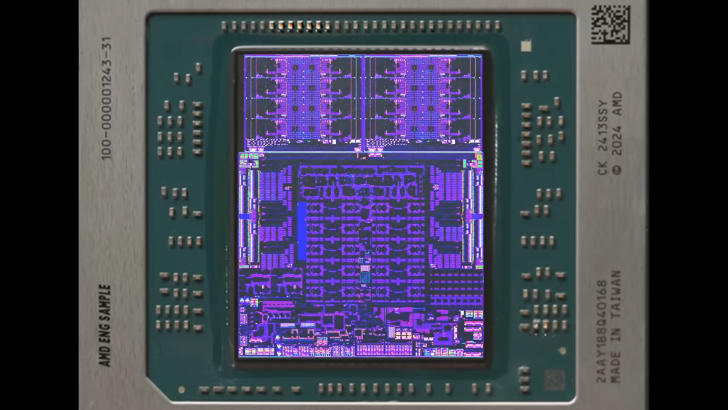 AMD engineering sample chip with visible circuit design, labeled 100-000001243-31 and marked © 2024 AMD.