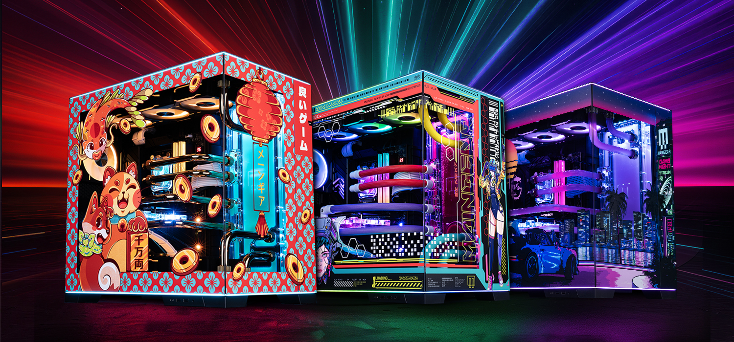 Three Maingear gaming PCs with vibrant cartoon and futuristic graphics on a neon-lit backdrop.