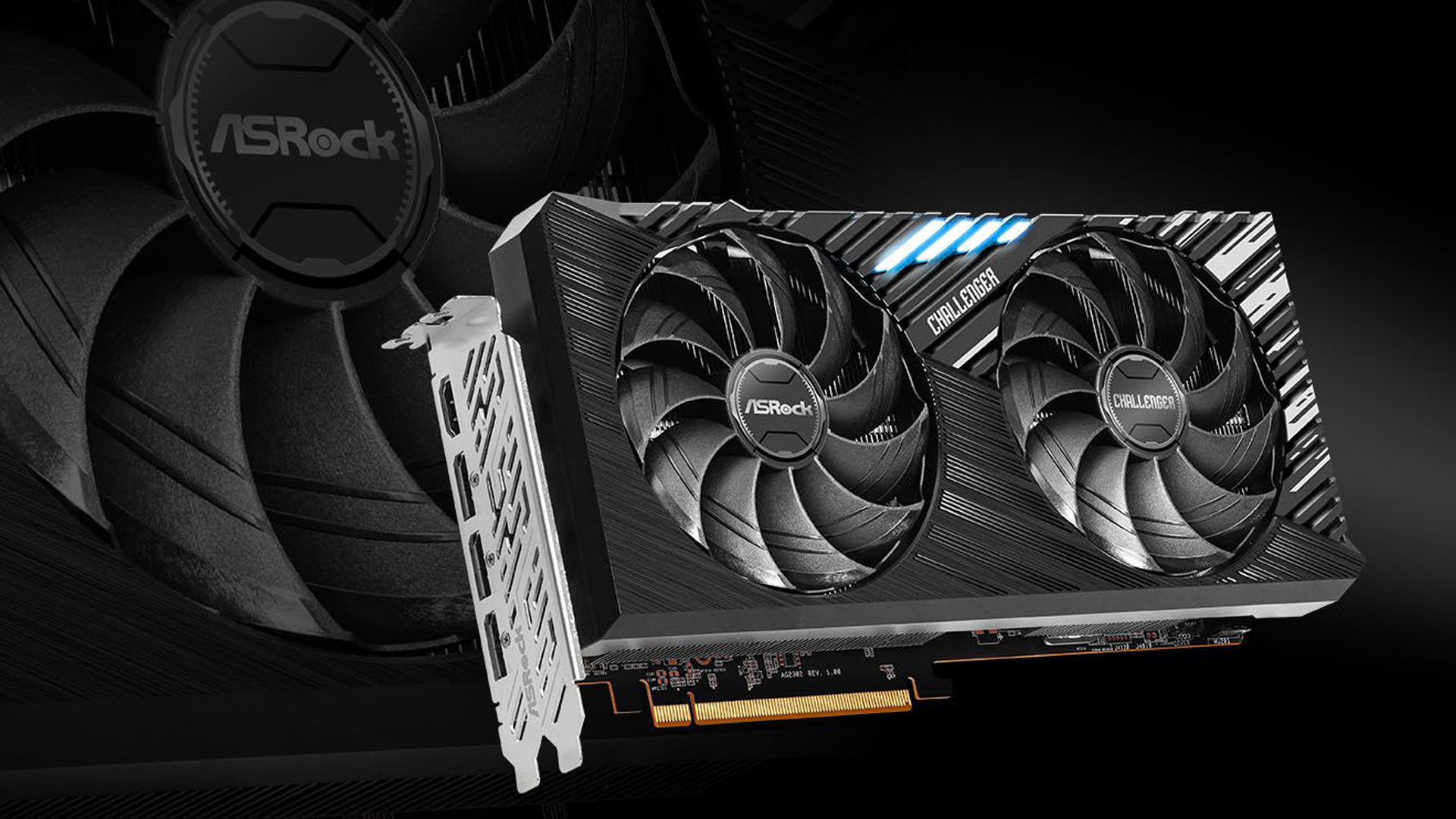ASRock Challenger graphics card with dual fans, ASRock and Challenger text visible, shown on a dark background.