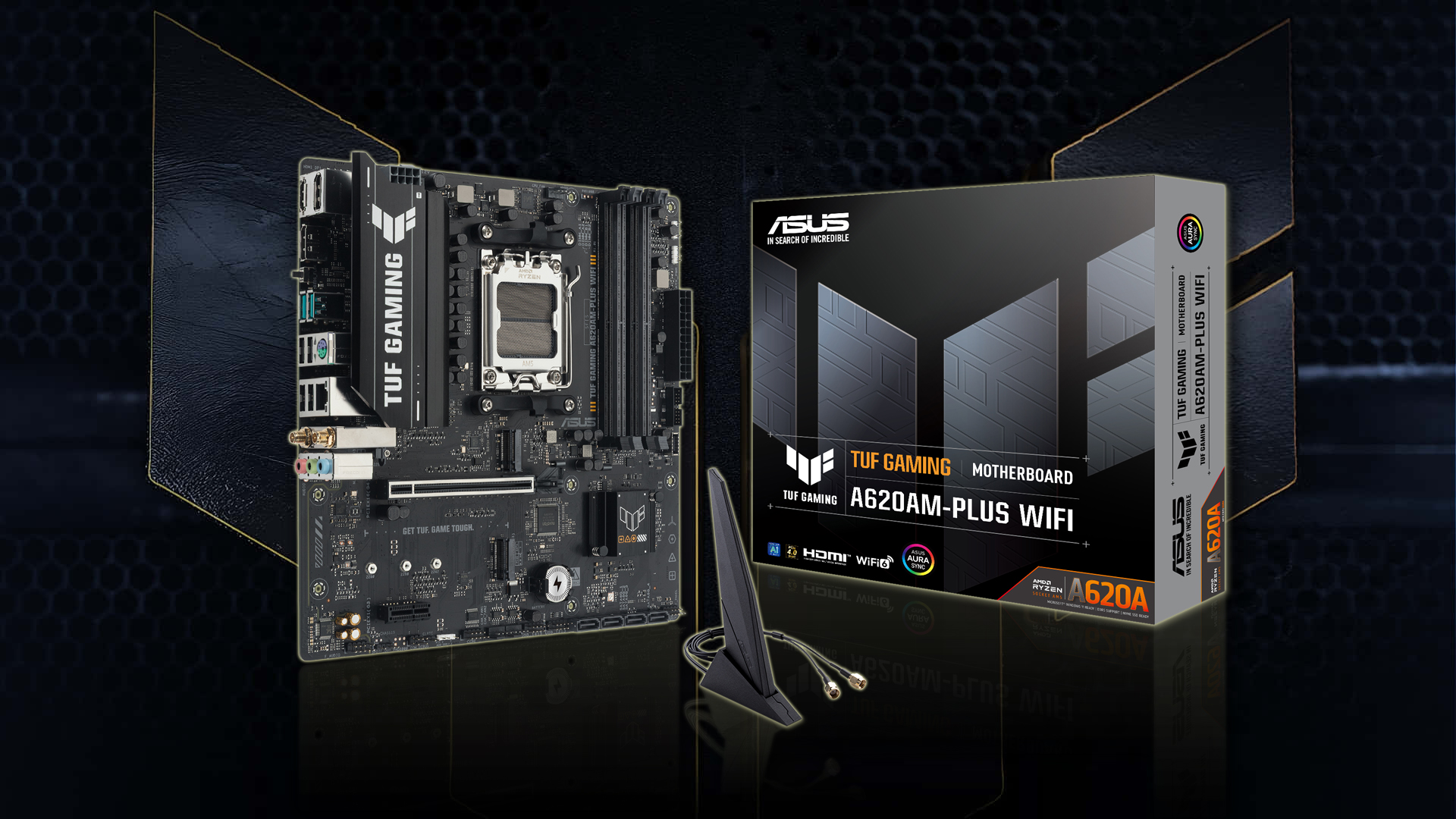 ASUS TUF Gaming A620M-PLUS WIFI motherboard with box and antenna, showcasing branding and features.
