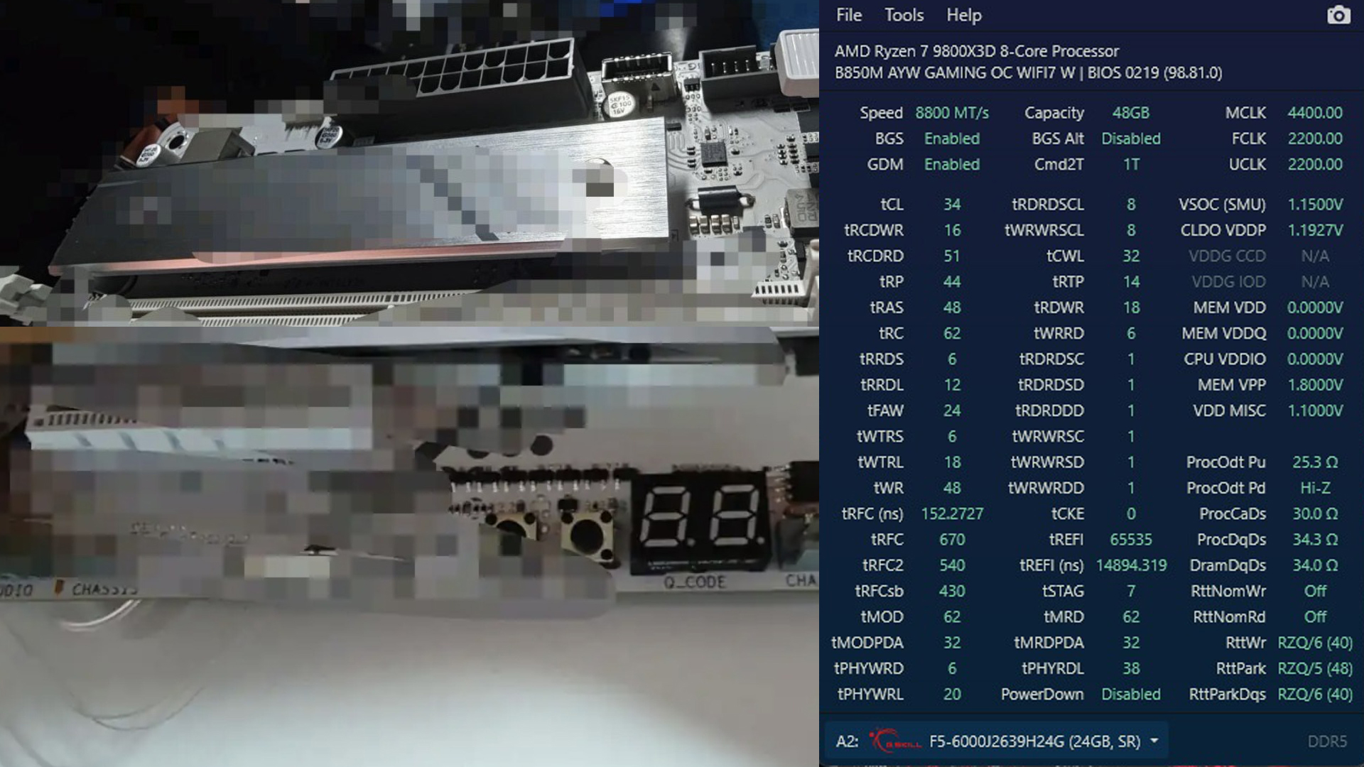 AMD Ryzen 7 9800X3D processor with B850M AYW GAMING OC WIFI7 motherboard and G.Skill RAM on a diagnostic Q_CODE screen.