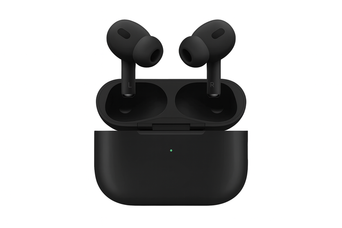 Black Apple AirPods Pro in open charging case with visible L and R markings.