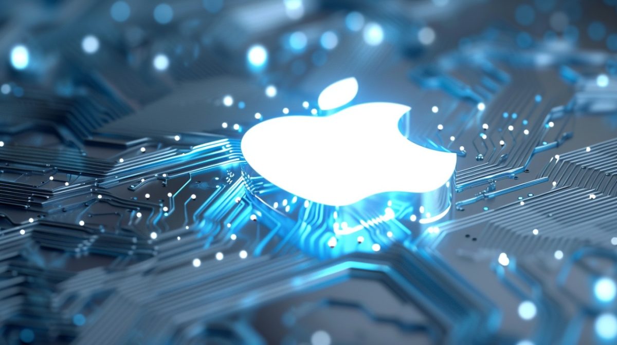 Apple logo on a glowing blue circuit board.