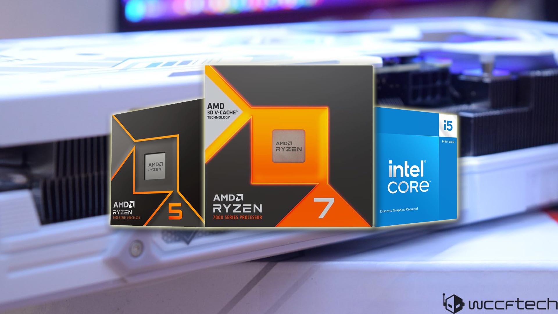 AMD Ryzen 5 and 7, and Intel Core i5 processor boxes on a blurred tech setup background.