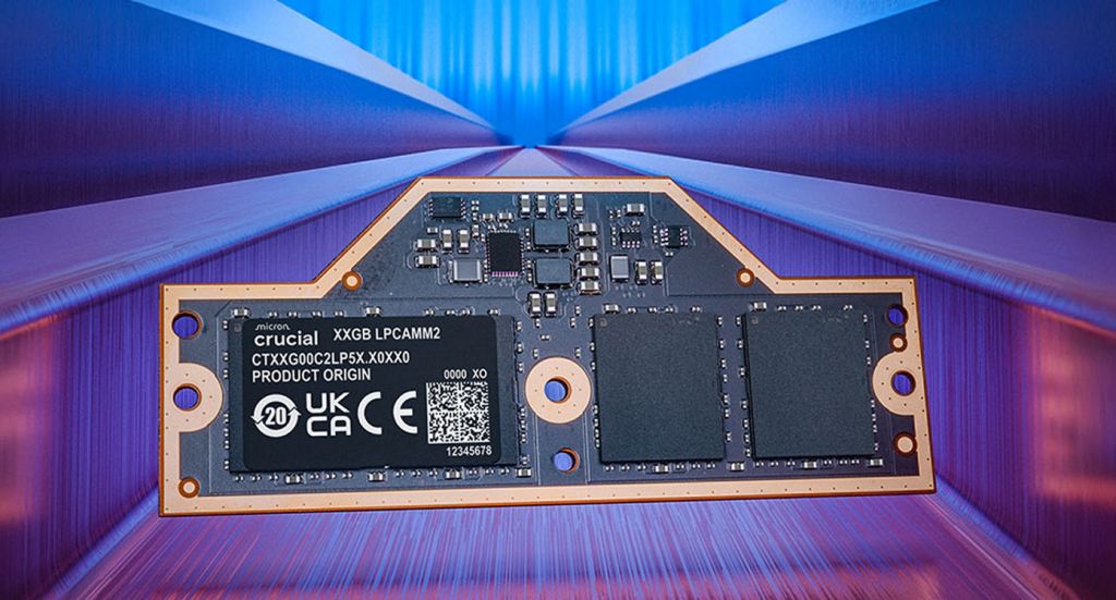 Crucial LPcamm2 memory module with CTXVG00C2LP5X.X0XX0 label on tech-inspired background.