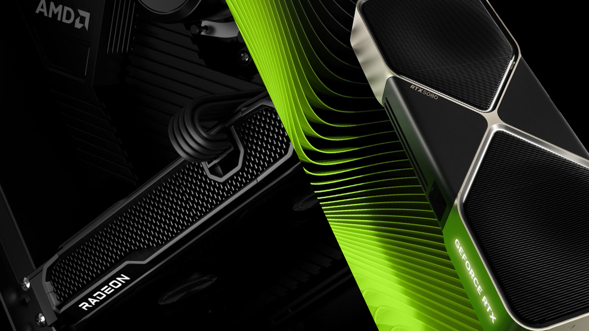 AMD Radeon and NVIDIA GeForce RTX 5090 graphics cards, intertwined on a dynamic green and black background.