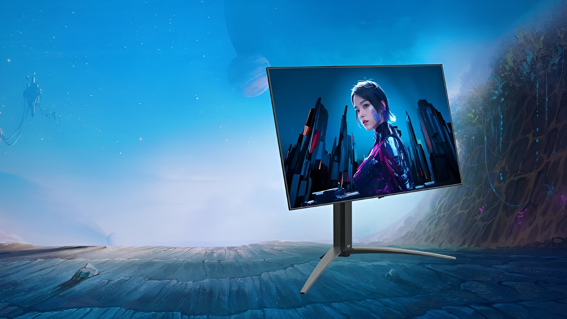 Monitor displaying a futuristic character on a digital backdrop with space and abstract landscape scenery.